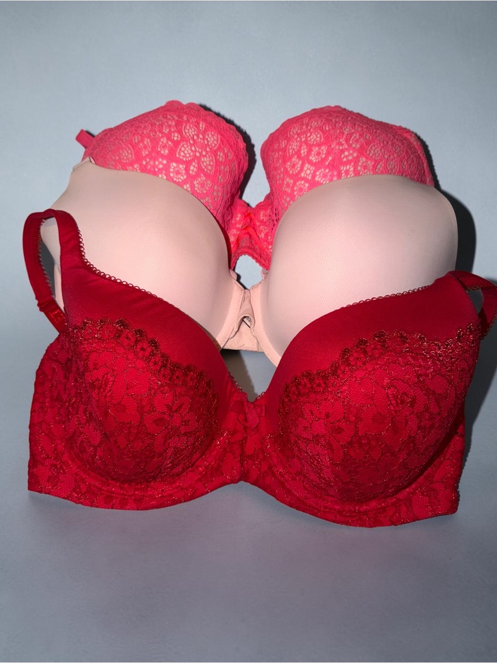 Victoria's Secret Lace Push-Up Bra Trio - Red & Pink